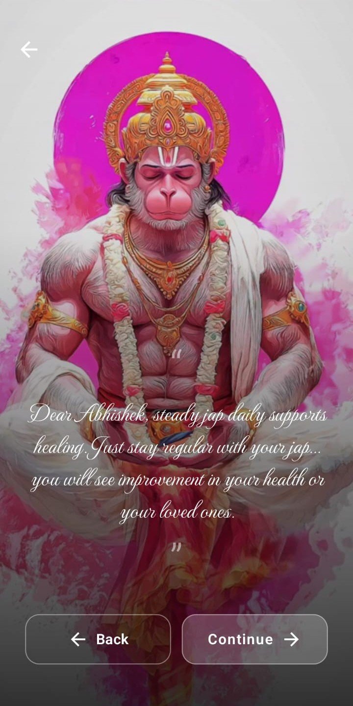 Naam Jap App - Deity blessing screen with Lord Hanuman and spiritual affirmation